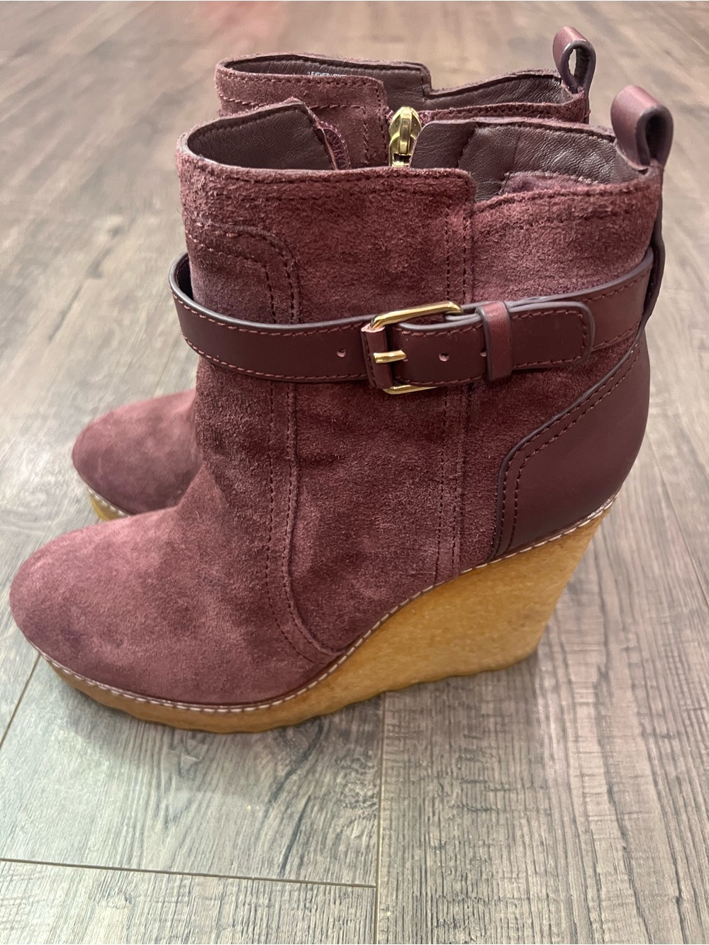 Tory Burch Burgundy Suede Wedge Ankle Boots with real Australian fur